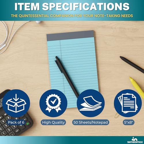 1InTheOffice Legal Pads 5x8, Writing Pads, Jr Legal Pads, Narrow Ruled, Pastel, 50 Sheets/Pad, 6 Pack