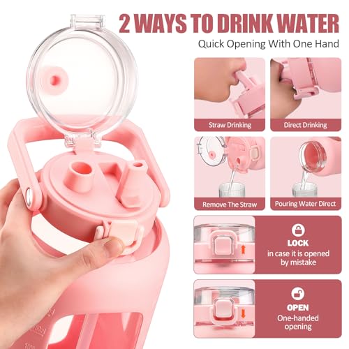 BLUEGO 84oz Glass Water Bottle with Straw and Handle, Large Water Bottle with Sip & Chug Lid, 2.5L Water Jug Silicone Sleeve with Time, Full Day Drinking Bottle for Sports BPA Free, Pink - color: Pink, size: 84 Ounces