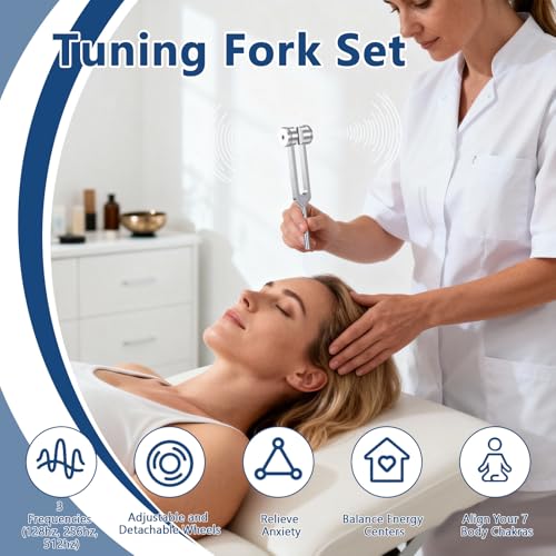 Tuning Forks, Tuning Fork Set with Reflex Hammer for Healing Instrument, Sound Healing Tuning Forks for Essential Yoga/Chakra/Sound Therapy/Meditation Beginner (128Hz, 256Hz, 512Hz)