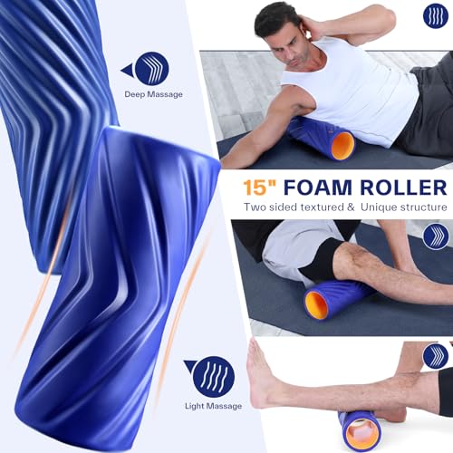 Sportneer 4 in 1 Pilates Foam Roller Muscle Relax Kit | with 2 Textured Foam Rollers Stringed Exercise Ball, Lacrosse Ball for Muscle Shoulder Back Leg Whole Body Relax Fitness Yoga - color: Blue