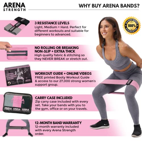 Arena Strength Fabric Booty Bands - Fabric Exercise Bands for Legs and Butt | Fabric Resistance Bands | Hip Resistance Bands with Workout Guide and Carry Case - color: Gray, Pink, Black