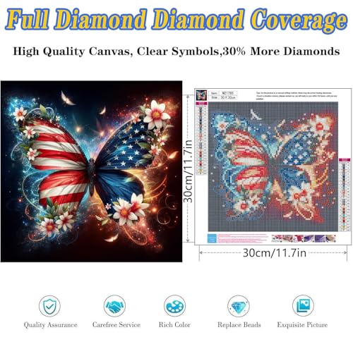 4th of July Diamond Art Kits for Adults, Butterfly Diamond Painting 12x12In | Full Drill Butterfly Diamond Painting Kits For Adults, Diy Round Paint By Diamonds For Home Decor Gifts 12x12 Inch - color: Butterfly-B