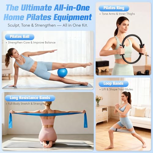 GINMIC Pilates Kit, Pilates Equipment for Home Workouts, at Home Pilates Set with Complete Accessories: Pilates Ring, Pilates Ball, Long and Loop Resistance Bands, Socks, Massage Ball, Guide & Bag - color: Black & Blue