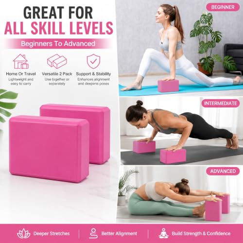 EXERZ Yoga Blocks 2 pack, Gym Blocks, Exercise Workout Fitness Bricks, Pilates Stretch Handstand Non-Slip - color: Pink
