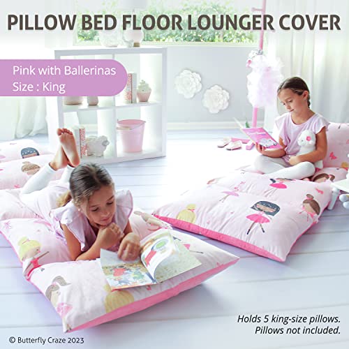 Butterfly Craze Floor Lounger Cover - Machine Washable Floor Mattress Cover - Versatile Seating & Sleeping Pad Alternative - Guest Bed Option for Sleepovers - King Size, Pink Ballerina - color: Pink Ballerina, size: King