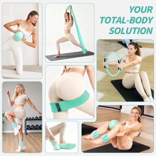 NANATI Pilates Kit, Home Pilates Workout Kit for Women, Pilates Equipment with 14.5"" Pilates Ring and Ball, Resistance Bands, Ankle Weights, Sliders & Grip Socks for Home Workouts - color: Subtle Mint