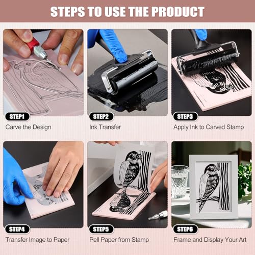 Bobblebro Linocut Kit for Printmaking, 5 PCS 4"x6" Rubber Linoleum Blocks | Stamp Making Kit and Block Printing Kit with Brayer and Carving Tools for Beginners and Artists, DIY Back To School Gift - style: KIT-5PCS