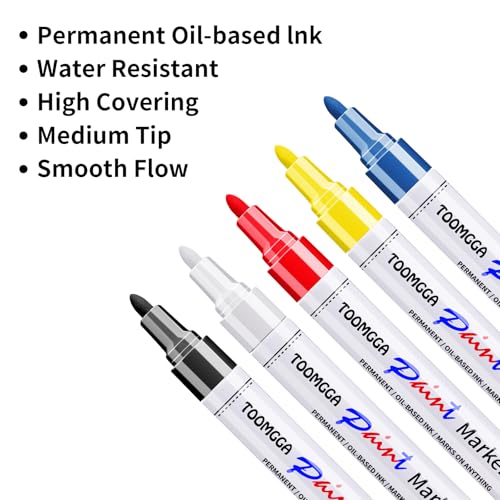 TOOMGGA Paint Pens Permanent Paint Markers, 5 Colors Oil Based Marking Pen | Medium Point, Quick Drying, Fade-resistant, Waterproof Pens for Rock Painting, Car Tyre, Metal, Plastic, Canvas, Wood, Glass