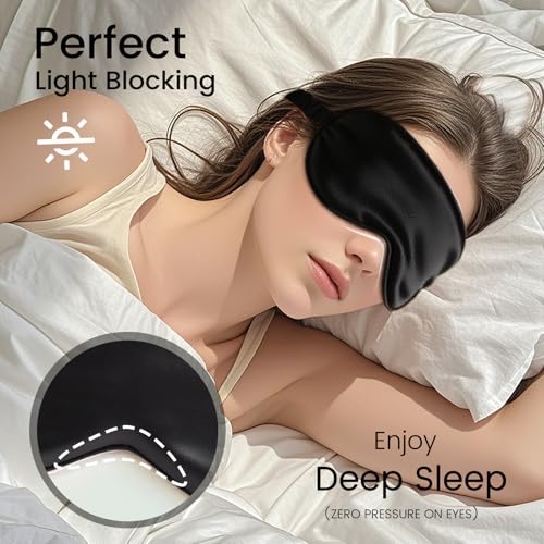 100% Pure Mulberry Silk Eye Mask - 22 Momme Adjustable Strap, Light Blocking, Silk Storage Bag & Gift Box - for Sleep/Travel/Gift, Sensitive Skin Friendly (Black)