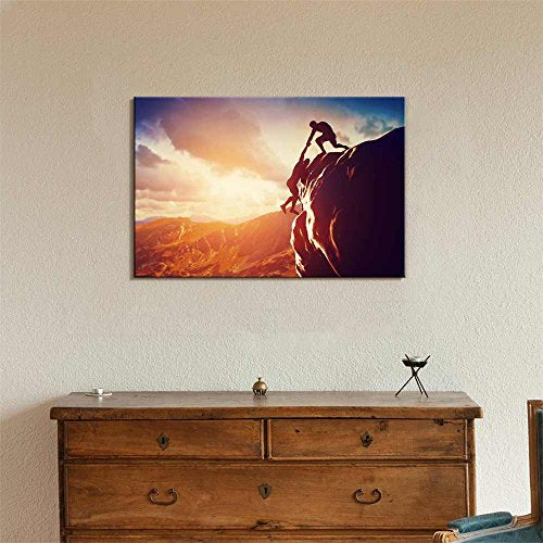 Canvas Prints Wall Art - Hikers Climbing on Rock Mountain at Sunset | Modern Home Deoration/Wall Art Giclee Printing Wrapped Canvas Art Ready to Hang - 12" x 18" - color: Hikers, size: 18"L x 12"W