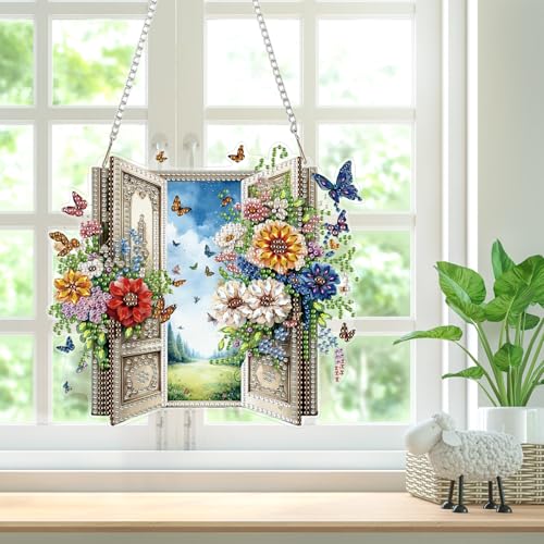 Bowetile Garden Scene Diamond Art Hanging Kits for Adults, Diamond Art Suncatchers Enchanted Flower Door, 5D Special Shape Diamond Painting Pendant Window Ornament Gifts for Home Wall Decor - color: Enchanted Flower Door