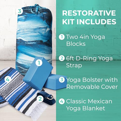 Mount Adams 5 Pack Restorative Yoga Kit for Home or Studio | Includes 1 Yoga Bolster (24"x10"x5"), 2 Yoga Blocks (4"x6"x9"), 1 6ft D-Ring Yoga Strap, 1 Classic Mexican Yoga Blanket