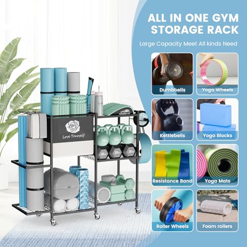 Yoga Mat Storage Rack,Home Gym Storage Rack Gym Workout Equipment Storage Organizer Fitness Weight Rack on Wheels for Yoga Mat,Yoga Block,Foam Roller,Resistance Band,Dumbbell,Kettlebell and Other Workout Accessories - color: Dark