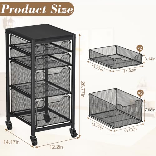 Rolling Storage Cart with Drawers, Under Desk Storage with Wooden Tabletop & Lockable Wheels, 4-Tier Storage Drawers for Bathroom, Craft, Office, Black - color: Black, size: Narrow—4 Drawers