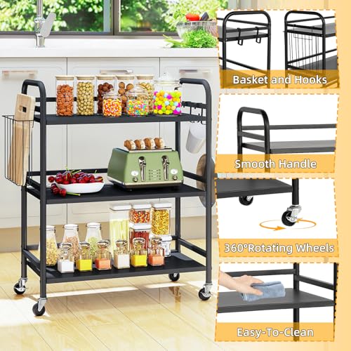 HDANI 3 Tier Metal Rolling Utility Cart,High Capacity Multi Purpose Heavy Duty Cart for Office,Kitchen,Living Room,Bedroom,Black - color: Black, size: Large Solid with Basket