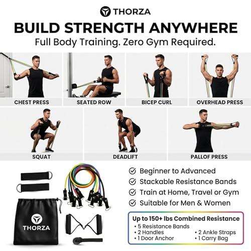 Thorza 11-Piece Tube Resistance Bands Set, Full Body Strength Training | 5 levels tube exercise bands without latex TPE, door anchor, handles, ankle straps & 1 bag