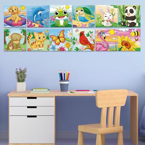 Anseal 12 Packs Pre Drawn Canvas to Paint, 4" X 4" Animal Pre-Printed Canvas Paint Party, Stretched Outline Painting Boards for Beginners, Party Favor - style: Animal