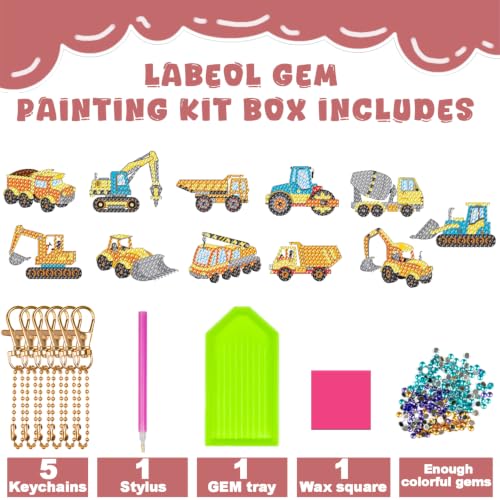 Labeol Arts and Crafts for Kids - Creat Your Own GEM Keychains-5D Diamond Painting by Numbers GEM Kits for Kids Girls Toddler Age 6-7 6-8 10-12 - style: Engineering Vehicles