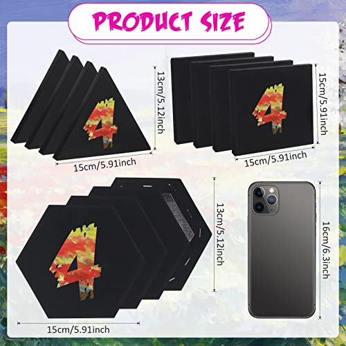 Epakh 12 Pcs Black Canvas for Painting Stretched Canvas Cotton Square Triangle Hexagon Blank Boards Panels Art with Frame Panel Stretched Boards for Oil Acrylic(6 Inch) - size: 6 Inch