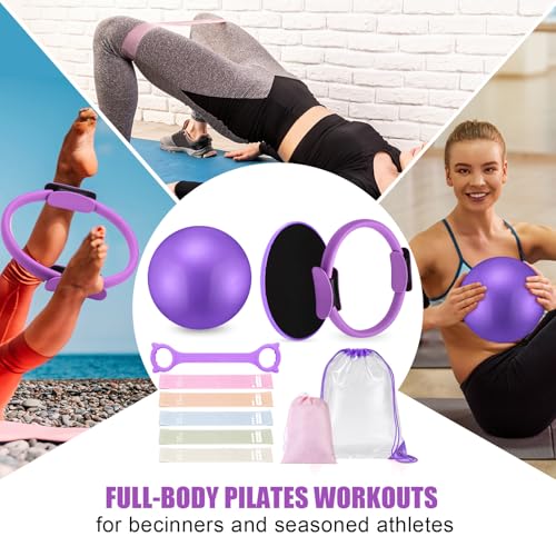 Silipull Pilates Ring Set for Women Exercise Equipment with 9 Inch Yoga Ball, Figure 8 Resistance Band, Sliding Disks, Yoga Bands Accessories Pilates Ring and Ball Set for Beginners Home Workouts