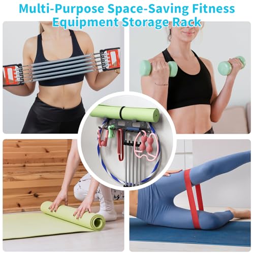 KHAMAL Multi-Purpose Gym Equipment Storage Rack for Resistance Bands - Gym Wall Storage for Exercise Bands, Yoga mat, Jump Ropes, Weight Belts, Straps, Hula Hoop (Black White) - color: Black