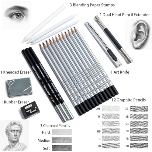 Drawing Sketching Pencil Set, 22 PCS Graphite and Charcoal Pencils with Blending Stumps, Erasers, Art Knife & Pencil Extender in Metal Box, Artist Sketching Supplies for Drawing & Shading (22 Pcs) - style: 22 Pcs