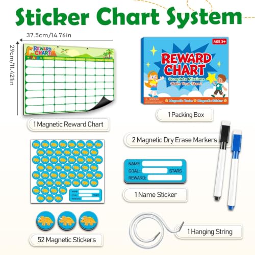Magnetic Reward Chart for Kids, Customizable Dry Erase Weekly Chore Chart - size: 1 Kid-Dinosaurs
