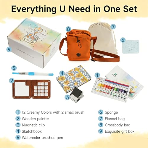 Mini Wooden Watercolor Paint Set, All-in-One Pocket Travel Art Kit: 15-Grid Palette, 12-Color Pigment, Brushes, Sketchbook, Clip, Sponge & Bags- Art Supplies Gift for Beginners & Artists DMCK003 - color: Sunshine Orange