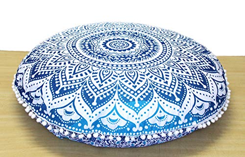 ICC 32" Blue Mandala Floor Pillow Cushion Cover Seating Throw Cover Hippie Decorative Bohemian Ottoman Poufs Cover, Pom Pom Pillow Cases, Boho Indian - color: Blue