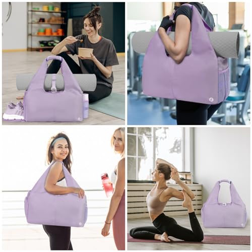 Sportsnew Tote Yoga Mat Gym Bag 20L Women W/Shoe Compartment Wet Dry Pocket | Water-Resistant Gym Tote - Mat Strap, Ventilated Shoe Bin, Wet Pocket, Padded Handle, Multi Pockets, Side Mesh & Key Clip - color: Purple