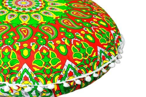 CRAFT KALA 22" Round Mandala Comfort Meditation Floor Pillow Cover, Large Pillows Seating Cover for Adults, Cushions Cover for Outdoor Yoga Fireplace Living Room Ottoman Cover Green Red Flower - color: Green Red Flower