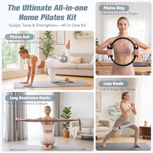 GINMIC Pilates Kit, Pilates Equipment for Home Workouts, at Home Pilates Set with Complete Accessories: Pilates Ring, Pilates Ball, Long and Loop Resistance Bands, Socks, Massage Ball, Guide & Bag - color: Black & Gray