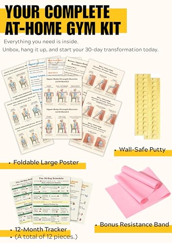 21-Piece Laminated Chair & Wall Yoga Poster Set for Seniors & Beginners – Eight 14"x22" Large Exercise Charts with 12-Month Writable Workout Log – Includes Resistance Band & Wall Adhesives – Low Impact Home Fitness