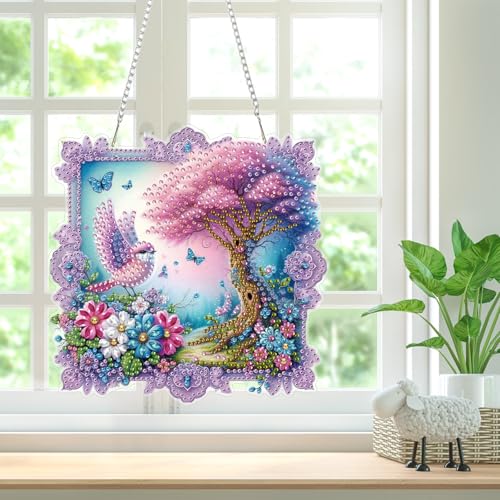 Bowetile Birds Diamond Art Hanging Kits for Adults, Diamond Art Suncatchers Forest, 5D Special Shape Diamond Painting Flowers Pendant Window Ornament Gifts for Home Wall Door Garden Decor - color: Birds, Flowers, Beautiful Scenery