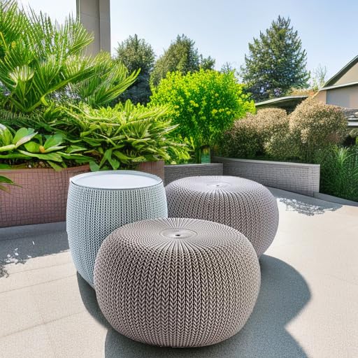 Keter Urban Knit Pouf Ottoman Set of 2 with Storage Table for Patio and Room DΓ©cor - Perfect for Balcony, Deck, and Outdoor Seating, Misty Blue & Taupe - color: Misty Blue & Taupe
