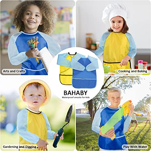 2 Pack Kids Art Smocks Children's Artist Apron Painting Smock with Long Sleeve and 3 Pockets for Age 3-8 - color: Light Blue & Yellow