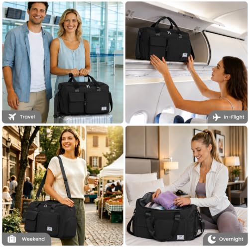 FIORETTO Women's Gym Duffle Bag with Shoes Compartment, 30L Capacity, Ideal for Travel, Gym, Sports, Duffel, Weekender - color: Black, style: Gym Bag