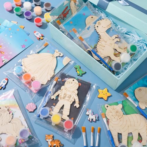 Saypacck 24 Pcs Animal Theme Party Favors Wooden Paint Craft Kits | Princess Unicorn Fairy Cowgirl Themes, With Brush Organza Bag, Ideal for Kids Girls Birthday Party Goodie Bag Fillers - style: Mixed Style