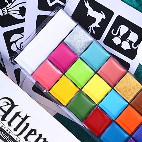 UCANBE Athena Face Body Paint Oil Makeup Set, 20 Colors FX Halloween Party Painting with Stainless Steel Mixing Palette and Spatula Tool,10 pcs Artist Paintbrushes,Tattoo Stencil Arts Crafts kit - color: All in one kit