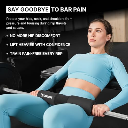 DMoose Fitness Barbell Pad for Hip Thrust, Squat & Lunges - Non-Slip Thick Foam Cushion for Neck and Back Support with Two Straps - Hip Thrust Pad for Leg Day - Fits All Olympic Bars and Smith Machine - color: Black Covered
