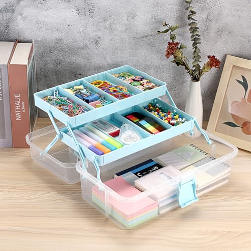 BTSKY 3-Layer Clear Plastic Dividing Storage Box Craft Organizer and Storage with Adjustable Spacers Portable Handled Art Supply Organizer Multipurpose Home Utility Box Sewing Organizers (Blue) - color: Clea+Blue
