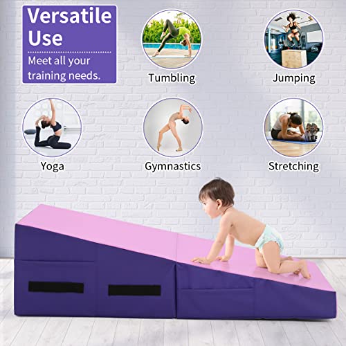 BLKMTY Incline Gymnastics Mat for Kids, 34"x24" Folding Tumbling Cheese Wedge Mats Kids Indoor Exercise Yoga Mat for Gymnastics Home Gym Mats W/Non-Slip PVC Surface and Handle - color: Pink & Purple