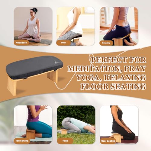 Meditation Bench with Cushion Foldable Ergonomic Bamboo Kneeling Stool Seiza Bench Wooden Meditation Stool Chair Zen Lotus Yoga Stool Floor Sitting Prayer Bench Removable Pillow