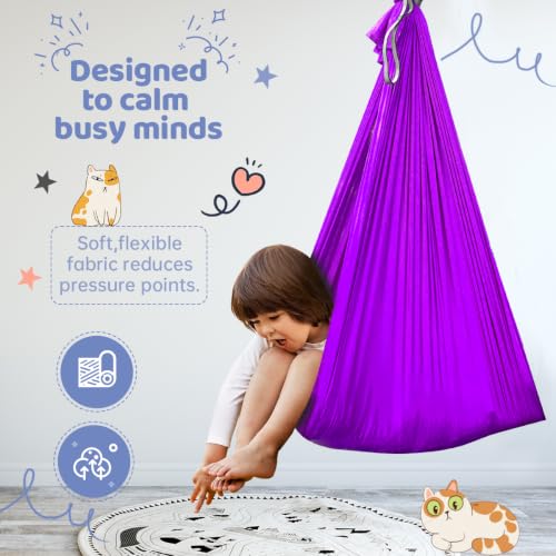 Aokitec Sensory Swing for Kids & Adult, Indoor Outdoor Cuddle Hammock Chair | Therapy swing, Special Needs, Autism, ADHD, Adjustable, Soft Nylon 300LB Capacity, 360 Swivel Hanger, All Hardware Included - color: Purple