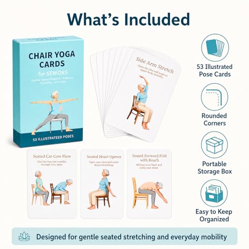 Oversized Chair Yoga Cards for Seniors, 53 Seated Yoga & Stretch Poses, Large-Print Step-by-Step Exercise Deck with Storage Box, Low-Impact Mobility & Flexibility Workouts for Older Adults