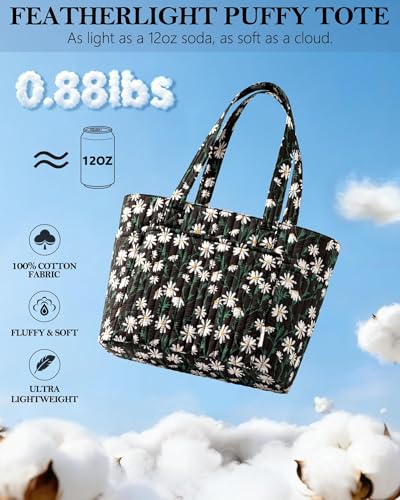 Bagstellar Quilted Tote Bag for Women Teacher Nurse Cotton Laptop Work Tote | Top Zip Closure Puffer Nursing School Travel Tote Bags with 40oz Cup Holder, Lightweight 14” Computer Shoulder Handbag Purses - color: Black Daisy