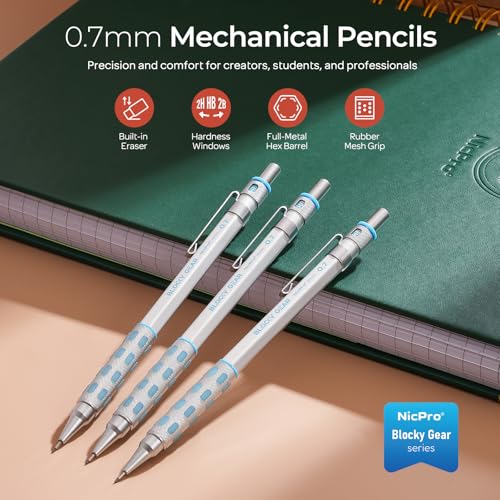 Nicpro Blocky Gear Mechanical Pencils 0.7 mm with Case, 3 Pack | Drafting Pencil with 8 Tube (480PCS) Lead Refills(HB 2B), 4 Erasers, 18 Eraser Refills for Art Writing, Sketching Drawing - style: 0.7mm