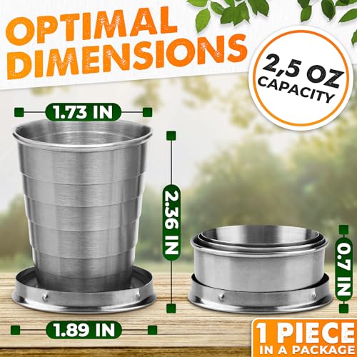 Collapsible Travel Cup with Lid 2.5Oz (75ml) - Leak-Proof Сollapsible Shot Glass Keychain, Highly Portable, Made of Rust & Bend Resistant Stainless Steel - Foldable Cup for Traveling, Fishing, Camping | Small Collapsible Cup with Lid for Camping, Travel a