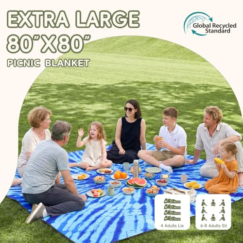 Genovega Waterproof Sandproof Beach Blanket Picnic Outdoor Mat Rug Extra Large Foldable Sand Free Big Giand XL Car Essential Roadtrip Gadget Rv Accessories Gear Must Haves Hiking Items Necessities - color: Tie Dye Blue