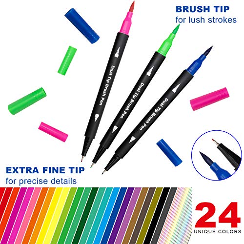 Piochoo Dual Brush Marker Pens for Adult Coloring Books,24pcs Markers | Fine Point and Brush Tip for Bullet Journaling Planners,Note Taking Coloring Writing Calligraphy - color: 24 Colors